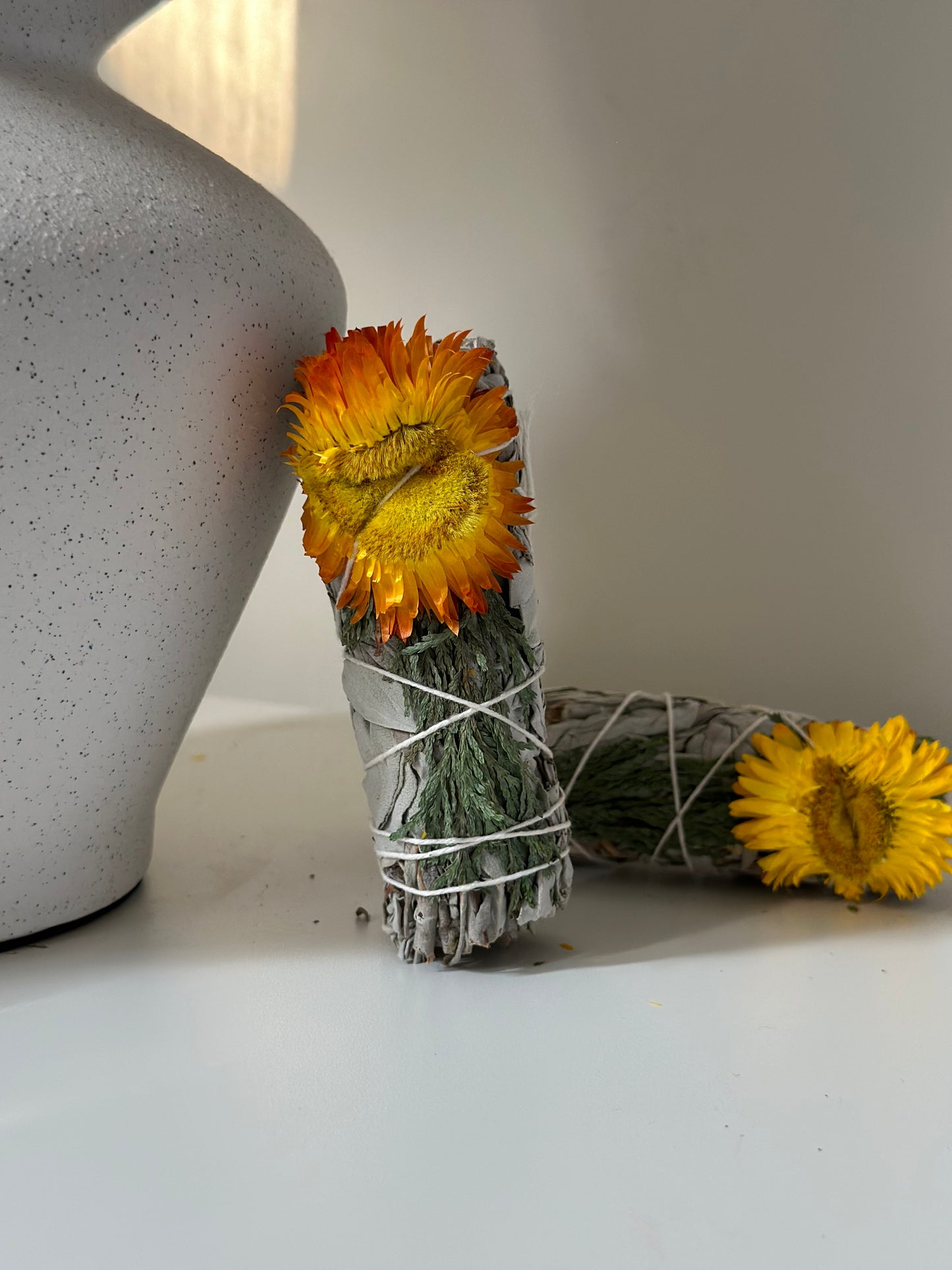 WHITE SAGE, CEDAR AND YELLOW - ORANGE PAPER FLOWER 4"