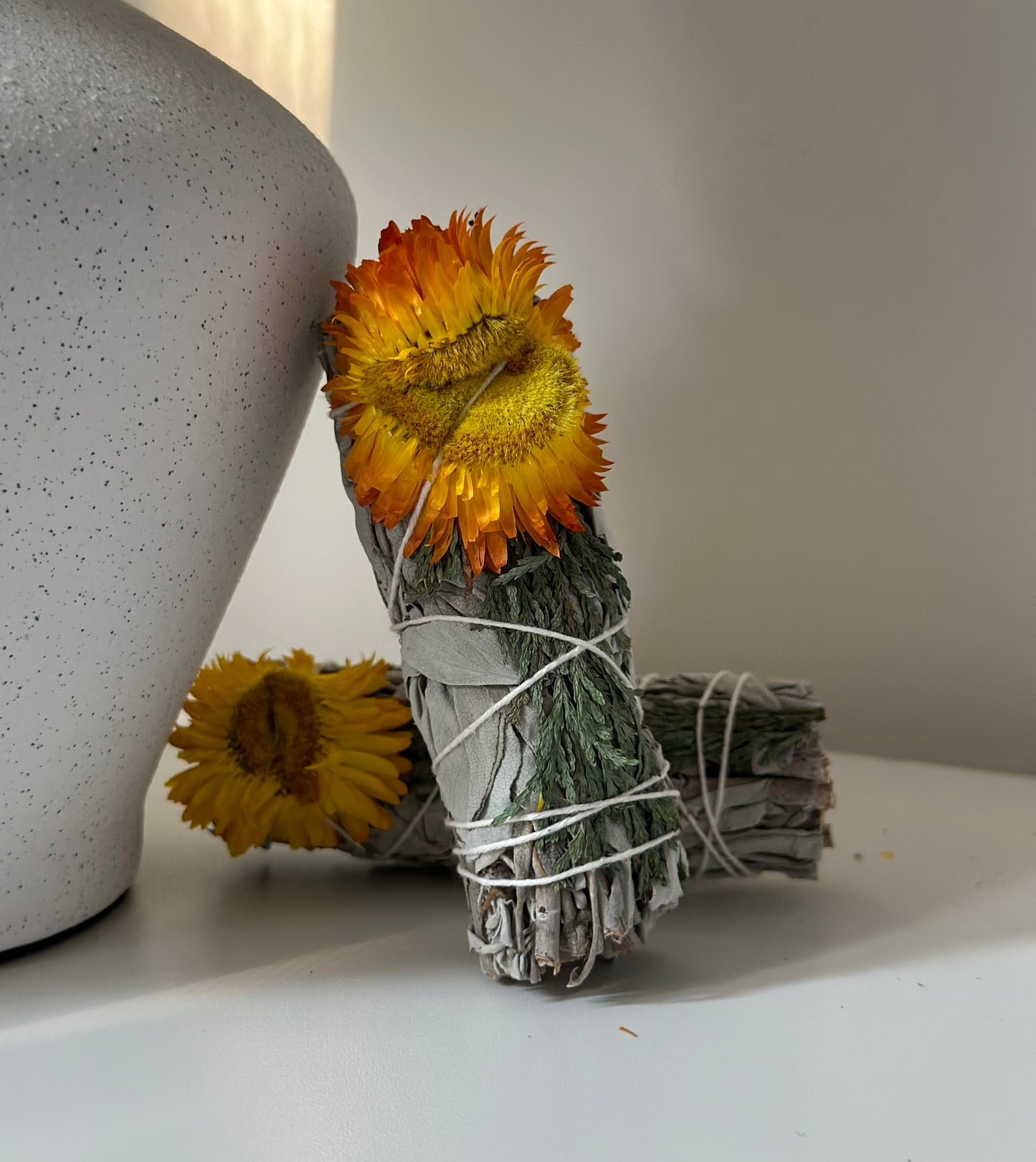 WHITE SAGE, CEDAR AND YELLOW - ORANGE PAPER FLOWER 4"